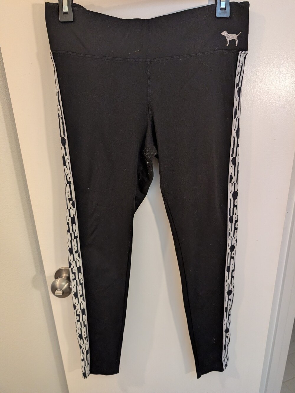 Women's Black Pink Leggings with Side Stripe - Pink Dog Logo